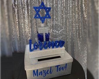 Bar Mitzvah Card Box! Gift Box Stack topped with glittered Star of David!