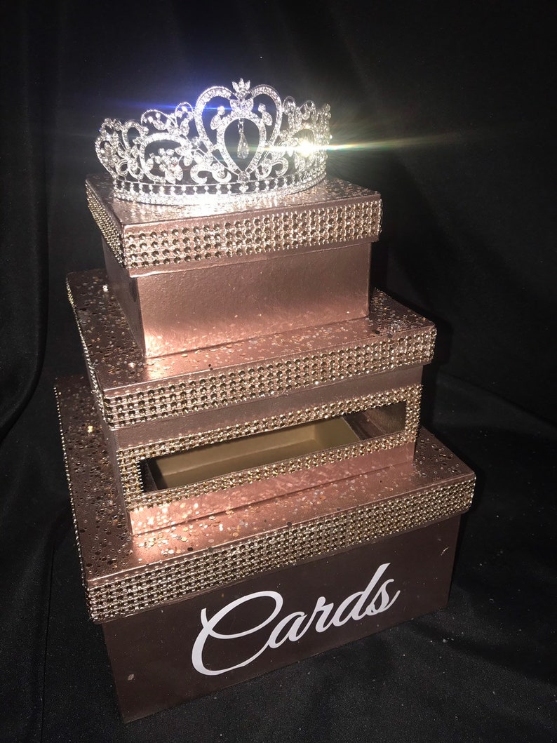 Threetiered Rhinestone Card Box With Crystal Crown Tiara Rose Etsy