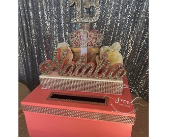 Sweet 16 15 Quince Card Box! GORGEOUS!! Rhinestone Tiara, Roses, and Gift Box Stack!