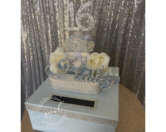 Sweet 16 15 Quince Card Box! GORGEOUS!! Rhinestone Tiara, Roses, and Gift Box Stack!