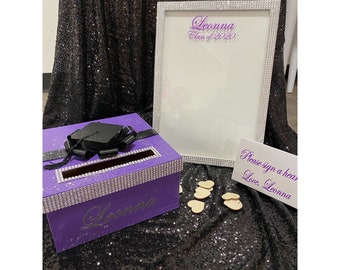 Sale! Graduation Set - Framed Guest Book Drop in Hearts Sign in and grad cap card box