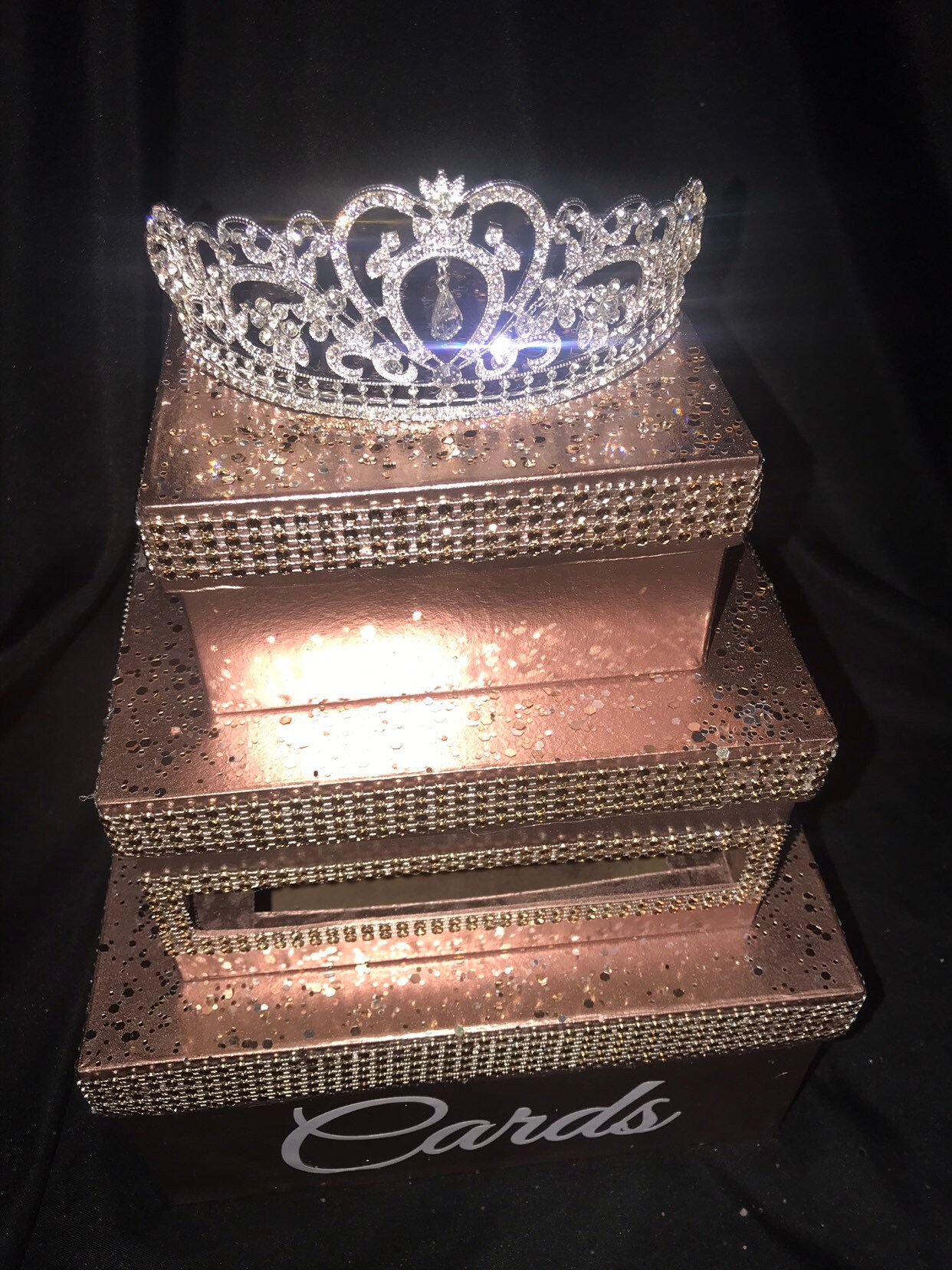 Threetiered Rhinestone Card Box With Crystal Crown Tiara Rose Etsy