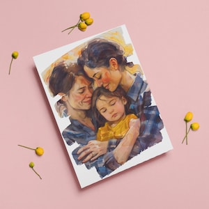 May include: A watercolour painting depicting two women and a child. The women are holding the child, who is asleep. The painting is rendered in warm colours, with a gentle, dreamlike quality.