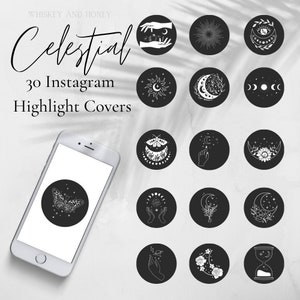 May include: A set of 30 black and white Instagram highlight covers with celestial and moon themed illustrations. The text "Celestial 30 Instagram Highlight Covers" is at the top of the image.
