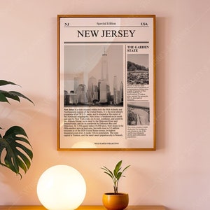 Pobieranie cyfrowe | Plakat artystyczny stanu New Jersey | Sztuka gazetowa | Czarno-biały plakat artystyczny stanu | Plakat podróżniczy | Minimalistyczny wydruk artystyczny |