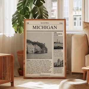 Descarga digital / Póster de arte del estado de Michigan / Arte de periódico / Póster de arte estatal en blanco y negro / Póster de viaje / Impresión de arte minimalista