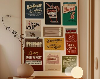 May include: A framed print featuring vintage matchbox designs with text like "Mobile Motor Lodge," "Bama Motel," and "Shop at Piggly Wiggly." The artwork is displayed above a wooden cabinet with a decorative vase and a small, round lamp.