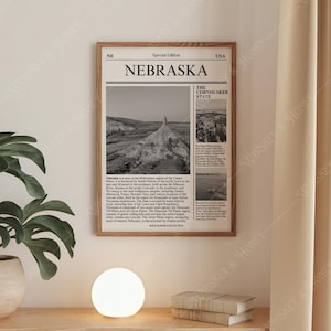 Descarga digital / Póster de arte del estado de Nebraska / Arte de periódico / Póster de arte estatal en blanco y negro / Póster de viaje / Impresión de arte minimalista