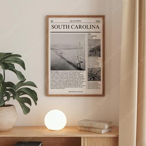 Descarga digital / Póster de arte del estado de Carolina del Sur / Arte de periódico / Póster de arte estatal en blanco y negro / Póster de viaje / Impresión de arte minimalista