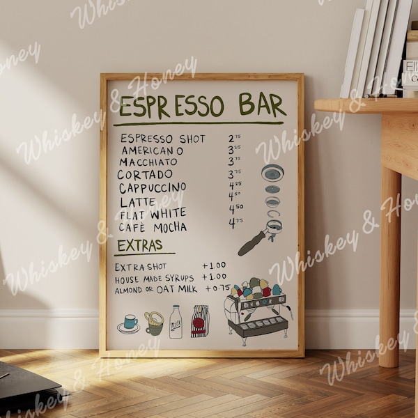 Digital Download | Espresso Bar Menu Art print | Coffee Art Print | Kitchen Wall Art | Coffee Bar Art Print | Cute Kitchen Art | Large Print