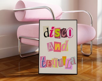 Digital Download | Disco And Tequila Art Print | Printable Art | Trendy Home Decor | Bar Cart Art | Preppy Art | Dorm Poster | y2k | Pink