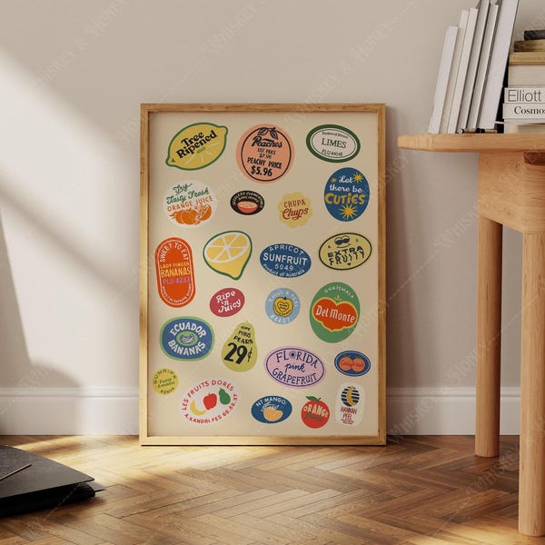 Vintage Fruit Stickers Art Print | Retro Kitchen Decor (Digital Download)
