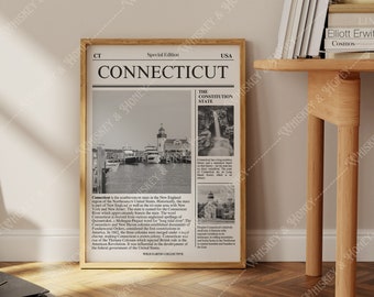 May include: A black and white vintage newspaper style poster with the text "Connecticut, The Constitution State" and images of a lighthouse and a waterfall. The poster has a white background and a black frame.