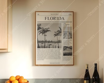 Florida Newspaper Art Print | Black and White Travel Poster (Digital Download)