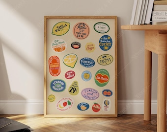 Digital Download | Vintage Fruit Stickers Art Print | Kitchen Wall Art | Trendy Art | Food Wall Art | Fruit Art | Cute Home Decor