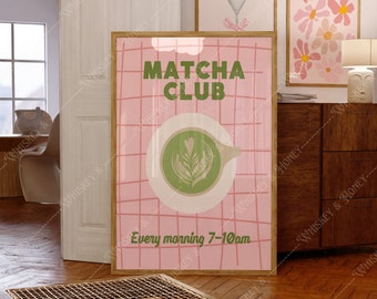 Matcha Club konsttryck | Rosa köksdekor (digital nedladdning)
