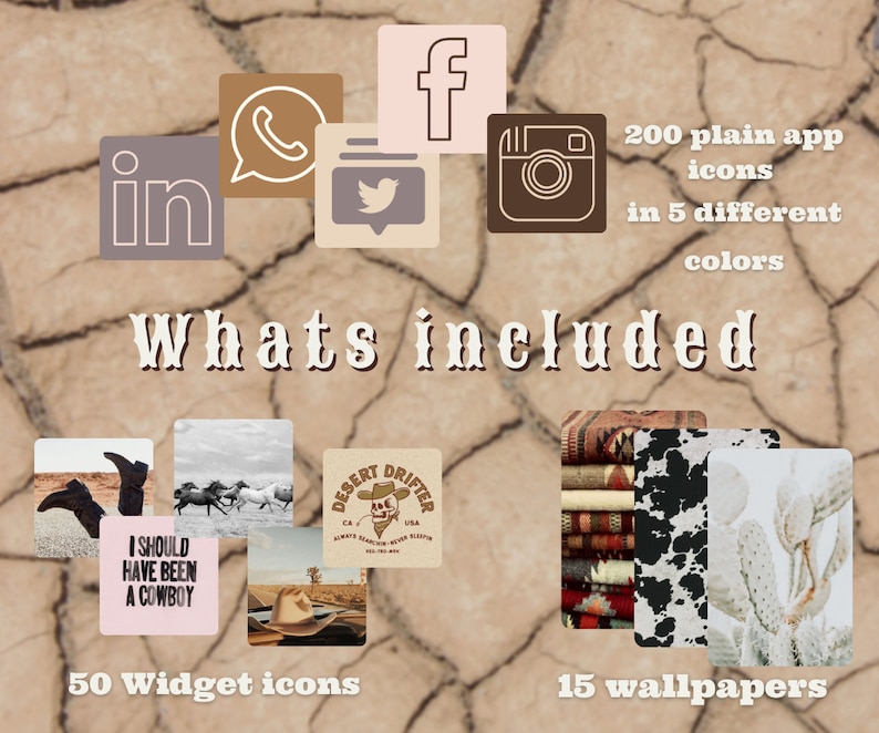 May include: A digital product bundle with a Western theme. The bundle includes 200 plain app icons in 5 different colors, 50 widget icons, and 15 wallpapers. The icons and wallpapers feature a variety of Western-inspired designs, including cacti, horses, and cowboy hats.