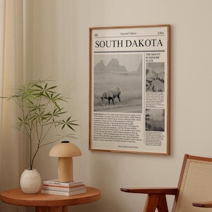 Descarga digital / Póster de arte del estado de Dakota del Sur / Arte de periódico / Póster de arte estatal en blanco y negro / Póster de viaje / Impresión de arte minimalista