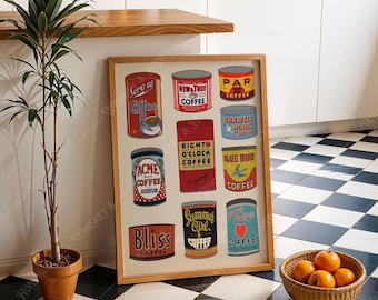 Lámina artística de latas de café vintage / Póster de cocina retro (Descarga digital)