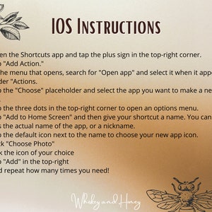 May include: A beige background with black text outlining instructions for creating an iOS shortcut. The text includes the title "IOS INSTRUCTIONS" and a list of steps, such as "Open the Shortcuts app and tap the plus sign in the top-right corner." and "Tap "Add to Home Screen" and then give your shortcut a name."