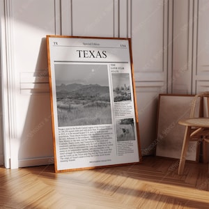 Descarga digital / Póster de arte del estado de Texas / Arte de periódico / Póster de arte estatal en blanco y negro / Póster de viaje / Impresión de arte minimalista /