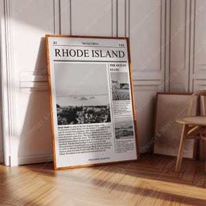 Descarga digital / Póster de arte del estado de Rhode Island / Arte de periódico / Póster de arte estatal en blanco y negro / Póster de viaje / Impresión de arte minimalista /