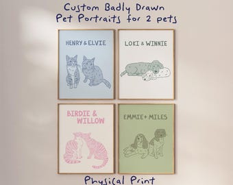 Könnte beinhalten: Vier gerahmte Drucke mit individuellen Haustierporträts. Jeder Druck zeigt ein anderes Haustierpaar mit Namen über den Illustrationen. Der Text "Custom Badly Drawn Pet Portraits for 2 pets" steht oben und "Physical Print" unten.