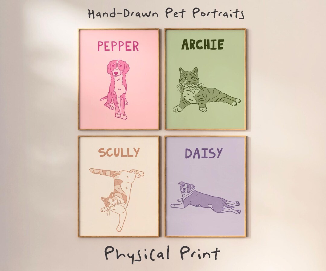 Custom Pet Portrait Print | Hand-drawn Dog or Cat Art | Pet Lover Gift ...