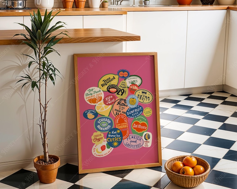 Vintage Fruit Stickers Art Print | Pink Kitchen Decor (Digital Download) image 5