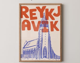 Reykjavik Islandia Art Print | Plakat podróżniczy Hallgrímskirkja