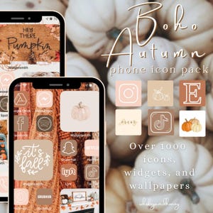 Iconos de teléfono, portadas de apps, widgets y fondos de pantalla con temática bohemia otoñal (descarga digital)