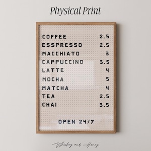 Impressão artística de cardápio de cafeteria | Arte de cafeteria | Arte de cozinha | Arte de parede de cozinha | Pôster de café | Decoração fofa para casa | Arte de café | Impressão física