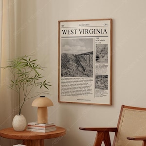 Descarga digital / Póster artístico del estado de Virginia Occidental / Arte periodístico / Póster estatal de arte en blanco y negro / Póster de viaje / Impresión artística minimalista /