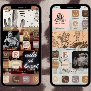 May include: A phone screen with a custom home screen design. The background is a brown and white pattern. The icons are in a grid pattern and include apps like Instagram, Etsy, Airbnb, and Grubhub. The text "wild at heart" is in the center of the screen.