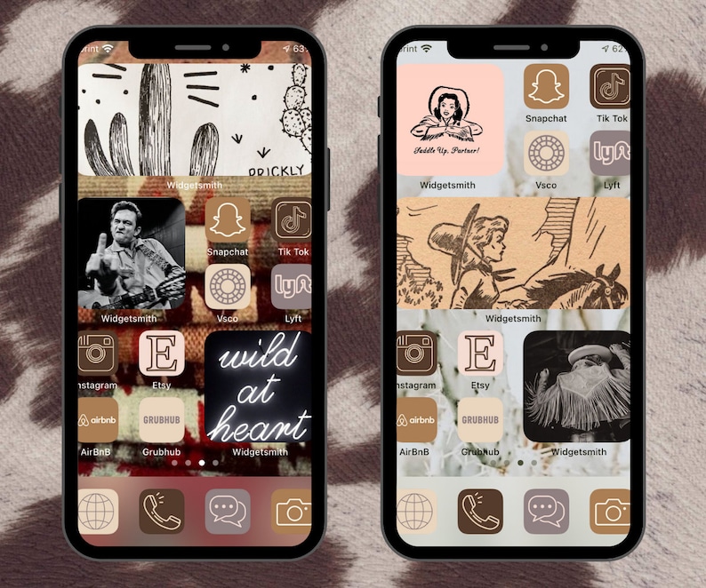 May include: A phone screen with a custom home screen design. The background is a brown and white pattern. The icons are in a grid pattern and include apps like Instagram, Etsy, Airbnb, and Grubhub. The text "wild at heart" is in the center of the screen.