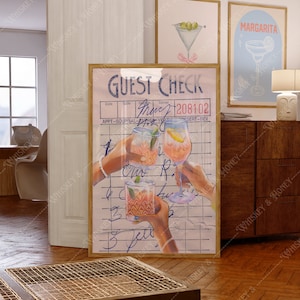 Descarga digital, Cheers Guest Check Art Print, Arte moderno, Bar Cart Art, Guest Check Art, Cartel de cóctel, Arte universitario, Arte de apartamentos
