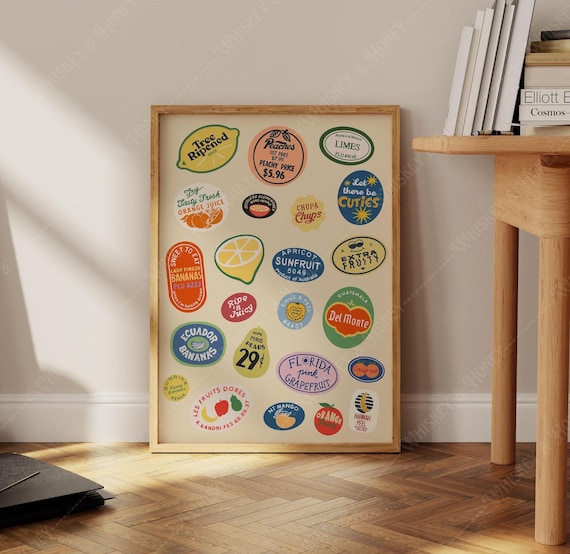 Vintage Fruit Stickers Art Print | Retro Kitchen Decor (Digital Download)