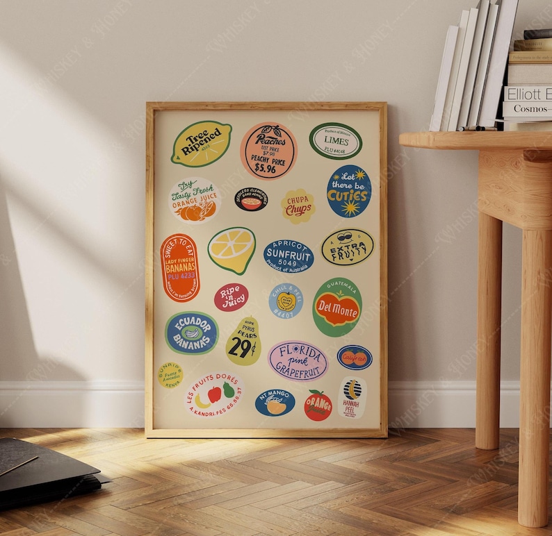 Vintage Fruit Stickers Art Print | Retro Kitchen Decor (Digital Download) image 1