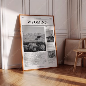 Descarga digital / Póster de arte del estado de Wyoming / Arte de periódico / Póster estatal de arte en blanco y negro / Póster de viaje / Impresión de arte minimalista /