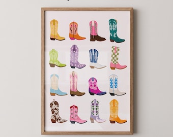 Colorful Cowgirl Boots Art Print | Trendy Western Decor (Physical Print)