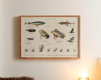 May include: A framed print featuring an illustration of various fishing flies. The artwork includes detailed drawings of salmon and trout flies, with labels and a wooden frame. The color palette includes beige, brown, green, and blue.