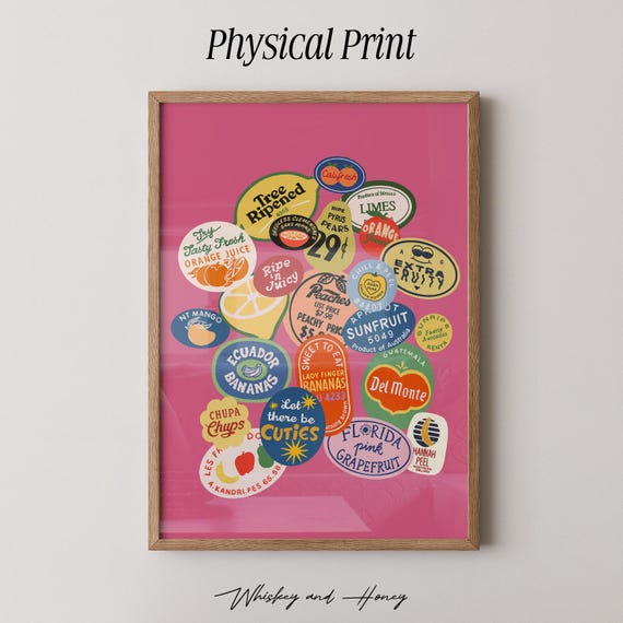 Vintage Fruit Sticker Art Print | Mid-Century Modern Kitchen Decor