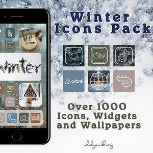 May include: A smartphone displaying winter-themed app icons and widgets. The image includes the text "Winter Icons Pack" and "Over 1000 Icons, Widgets and Wallpapers". The background features a snowy forest scene.
