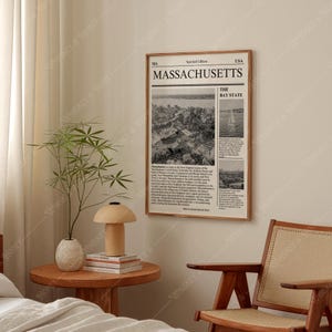 Descarga digital / Póster de arte del estado de Massachusetts / Arte de periódico / Póster de arte estatal en blanco y negro / Póster de viaje / Impresión de arte minimalista
