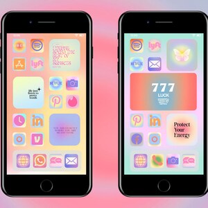 Puede incluir: Una captura de pantalla de un tel&eacute;fono con una pantalla de inicio personalizada. El fondo es un degradado de rosa, morado y azul. Los iconos est&aacute;n dispuestos en una cuadr&iacute;cula y incluyen aplicaciones como Uber, Spotify, Netflix e Instagram. El texto en la pantalla incluye la frase "Quiero pasar el resto de mis puestas de sol contigo" y "777 Suerte".