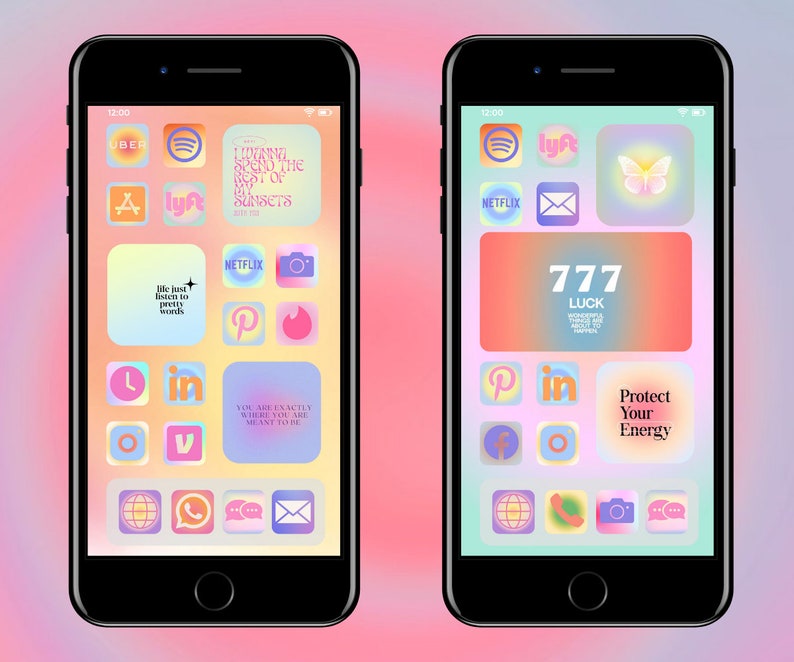 Puede incluir: Una captura de pantalla de un tel&eacute;fono con una pantalla de inicio personalizada. El fondo es un degradado de rosa, morado y azul. Los iconos est&aacute;n dispuestos en una cuadr&iacute;cula y incluyen aplicaciones como Uber, Spotify, Netflix e Instagram. El texto en la pantalla incluye la frase "Quiero pasar el resto de mis puestas de sol contigo" y "777 Suerte".