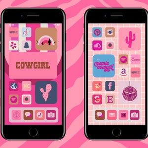 May include: Two screenshots of a pink and white themed phone home screen with various app icons. The first screen has the text "COWGIRL" in a pink box. The second screen has the text "cosmic cowgirl" in a blue box.