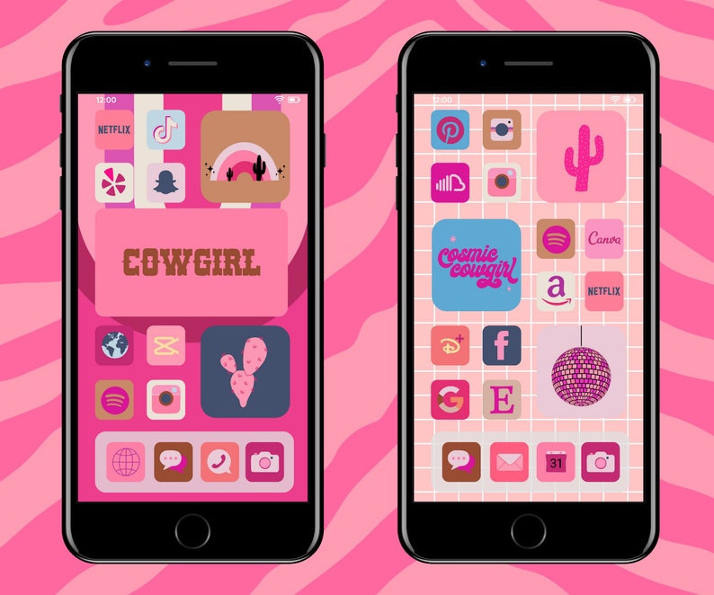 May include: Two screenshots of a pink and white themed phone home screen with various app icons. The first screen has the text "COWGIRL" in a pink box. The second screen has the text "cosmic cowgirl" in a blue box.
