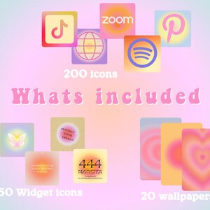 Puede incluir: Una ilustraci&oacute;n digital de una colecci&oacute;n de 200 iconos, 50 iconos de widgets y 20 fondos de pantalla. Los iconos son de varios colores y estilos, incluyendo rosa, amarillo, azul y verde. El texto "Whats included" est&aacute; escrito en letras rosas. Los textos "200 icons", "50 Widget icons" y "20 wallpapers" est&aacute;n escritos en letras negras.