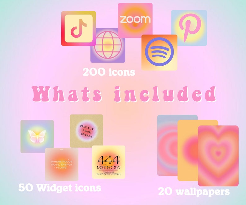 Puede incluir: Una ilustraci&oacute;n digital de una colecci&oacute;n de 200 iconos, 50 iconos de widgets y 20 fondos de pantalla. Los iconos son de varios colores y estilos, incluyendo rosa, amarillo, azul y verde. El texto "Whats included" est&aacute; escrito en letras rosas. Los textos "200 icons", "50 Widget icons" y "20 wallpapers" est&aacute;n escritos en letras negras.